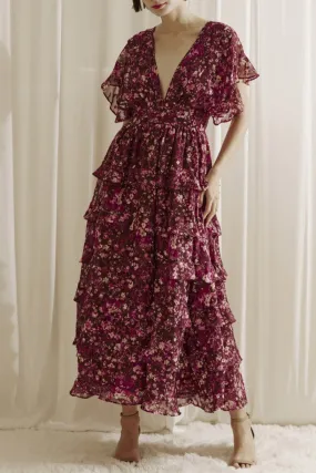 Aubree Ruffled Floral Print Midi Dress - Maroon