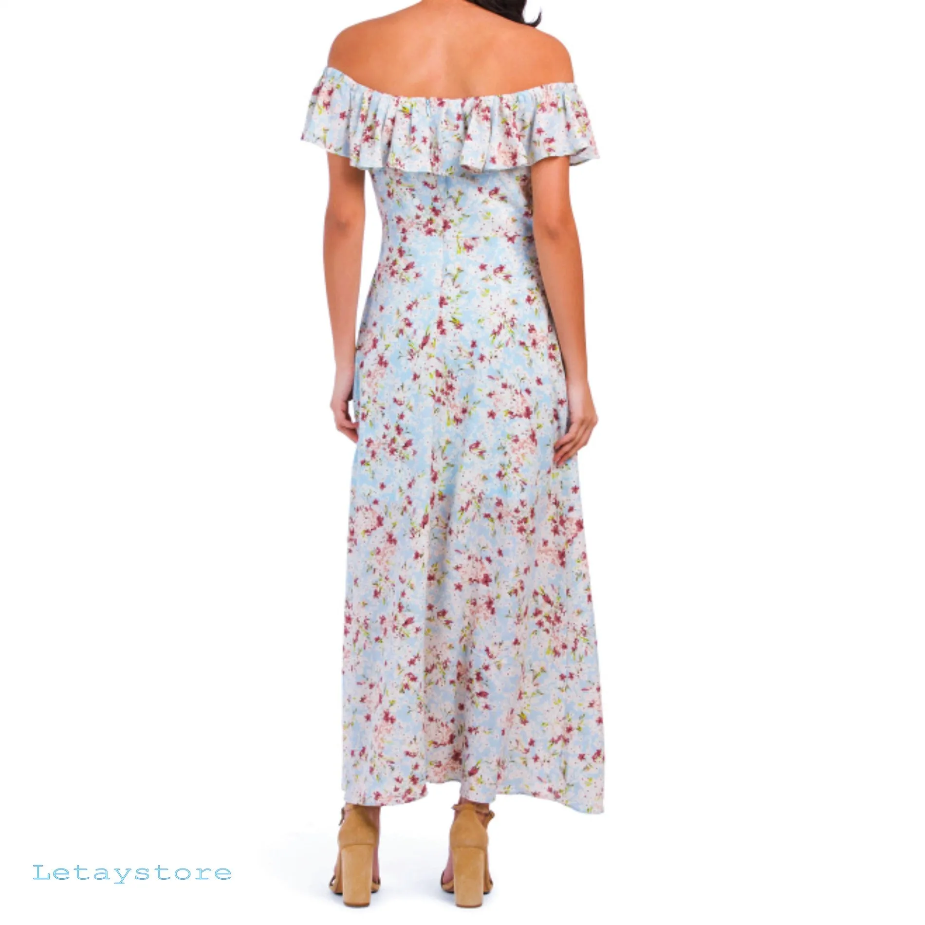 BCBGENERATION Ruffle Off The Shoulder Front Slit Floral Maxi Dress