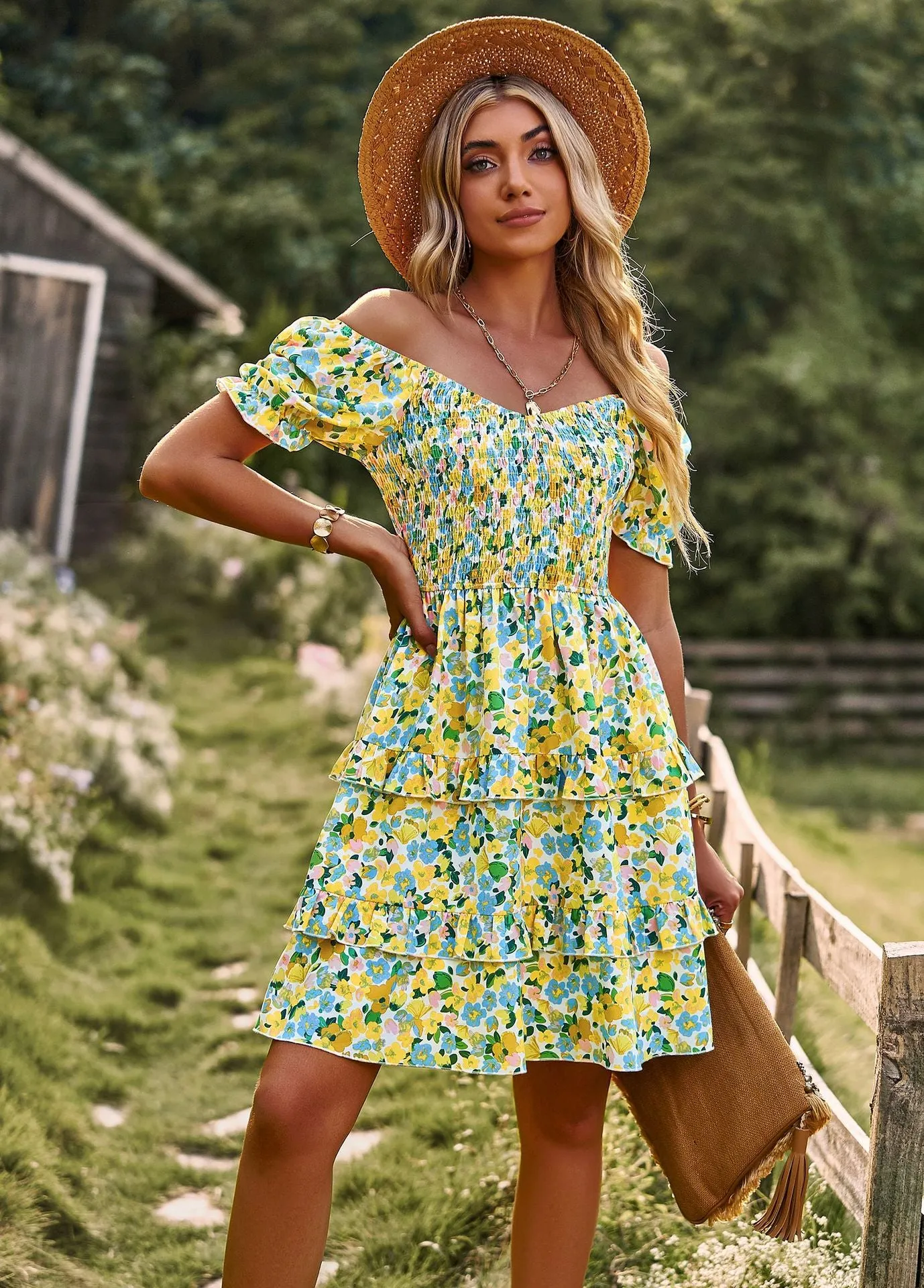 Beachside Bouquet Short Sleeve Off Shoulder Mini Dress