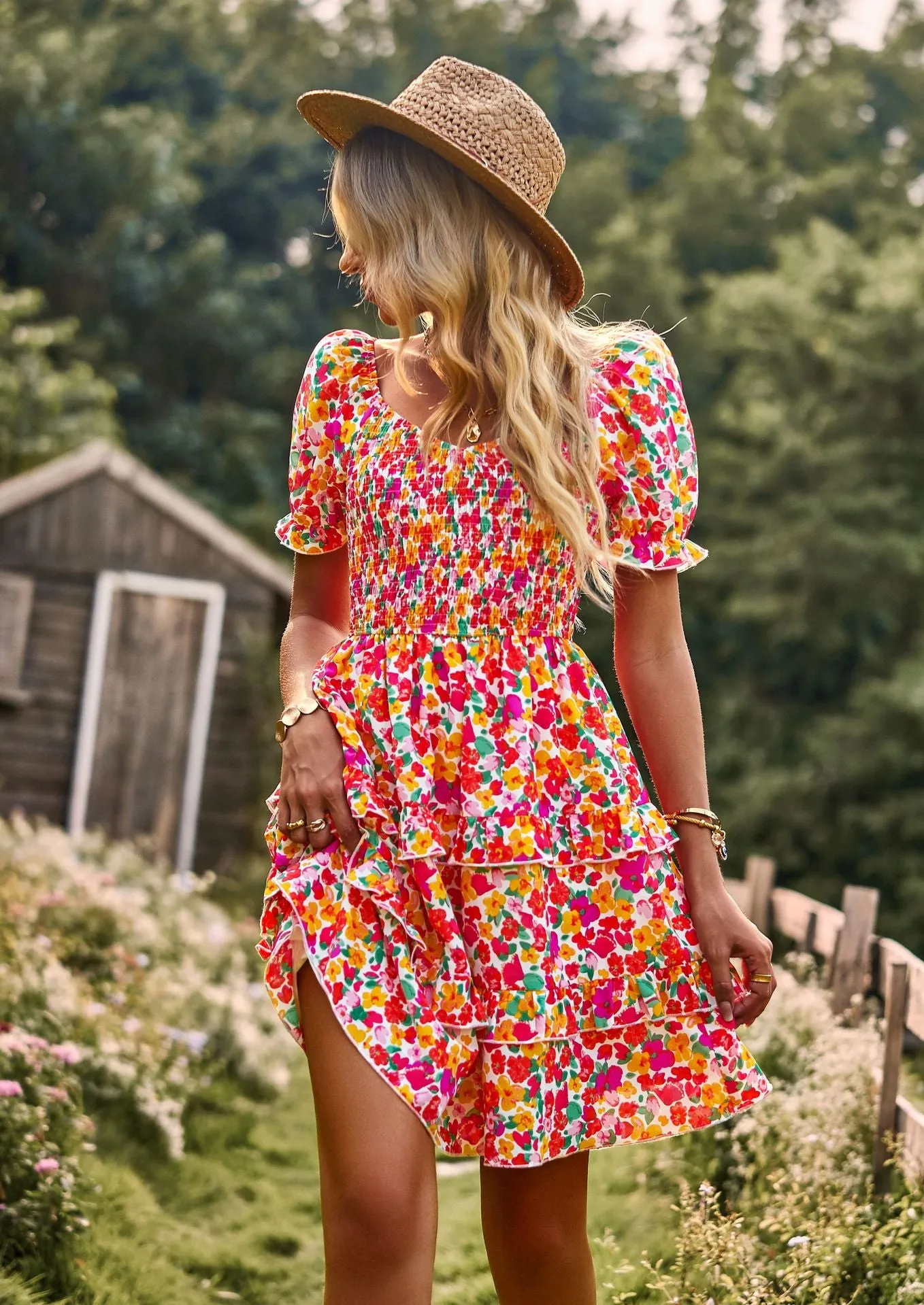 Beachside Bouquet Short Sleeve Off Shoulder Mini Dress