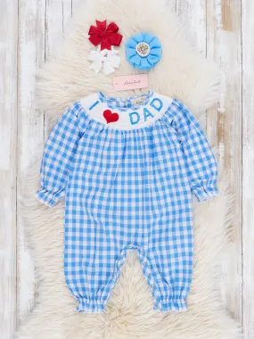 Blue Gingham Smocked Dad Love Romper