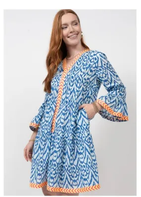 Blue Ikat with Neon Trim Dress