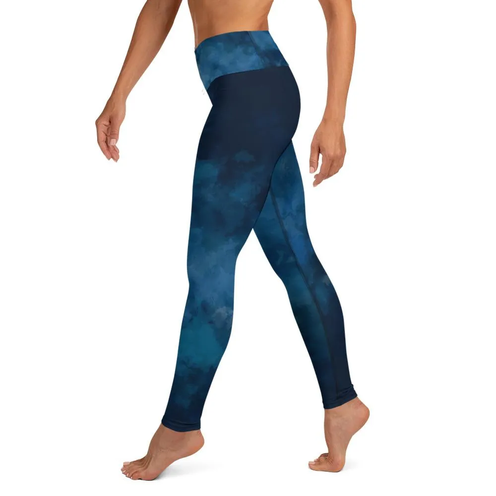 Blue Women's Long Yoga Leggings, Abstract Cloud Print Tights/Pants - Made in USA/ EU