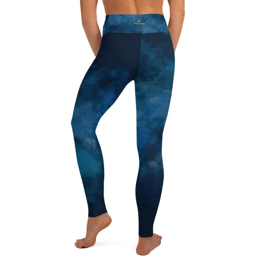 Blue Women's Long Yoga Leggings, Abstract Cloud Print Tights/Pants - Made in USA/ EU