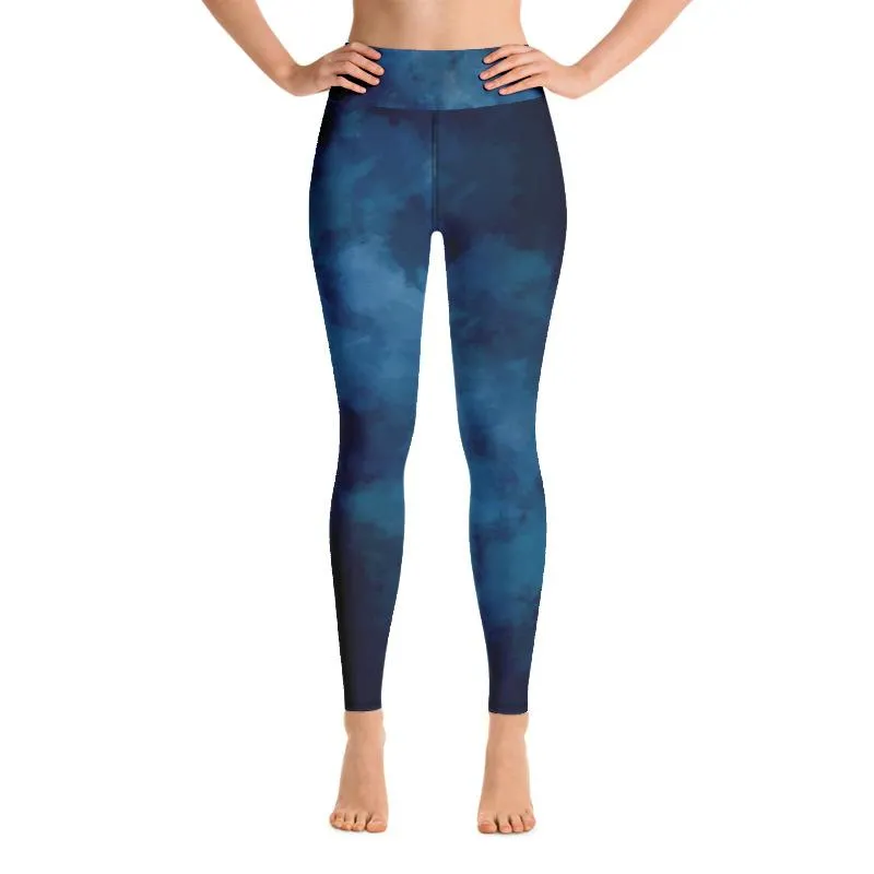 Blue Women's Long Yoga Leggings, Abstract Cloud Print Tights/Pants - Made in USA/ EU