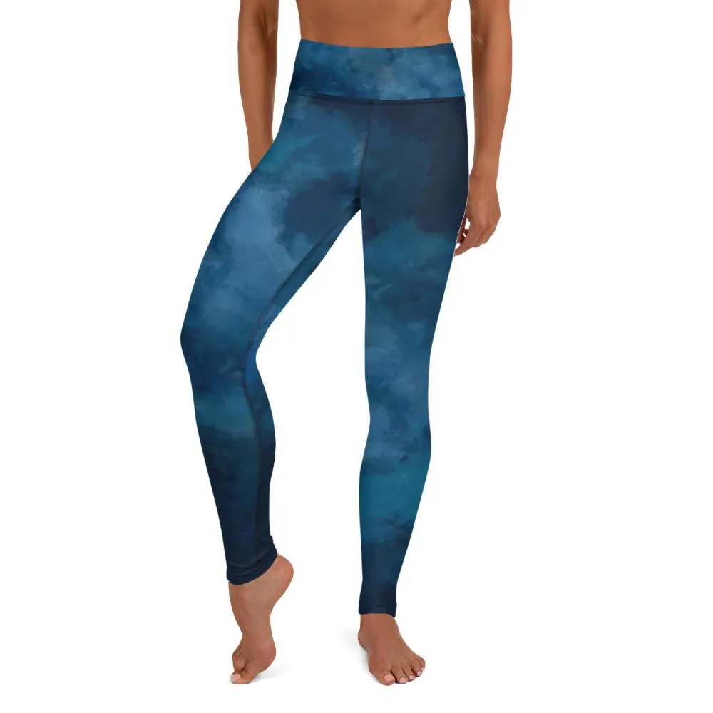 Blue Women's Long Yoga Leggings, Abstract Cloud Print Tights/Pants - Made in USA/ EU