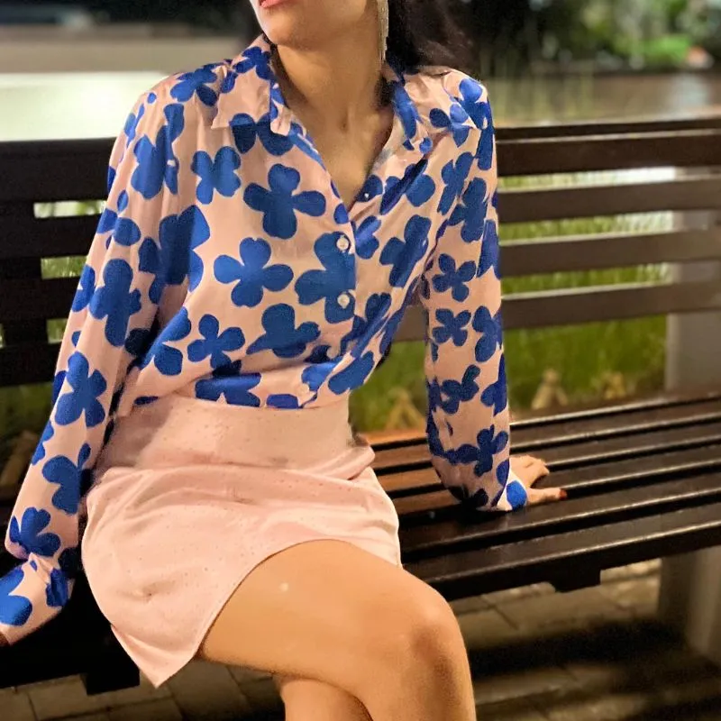 Blush Pink with Large Blue Floral Satin Print: Easy Fit- Button Down Shirt