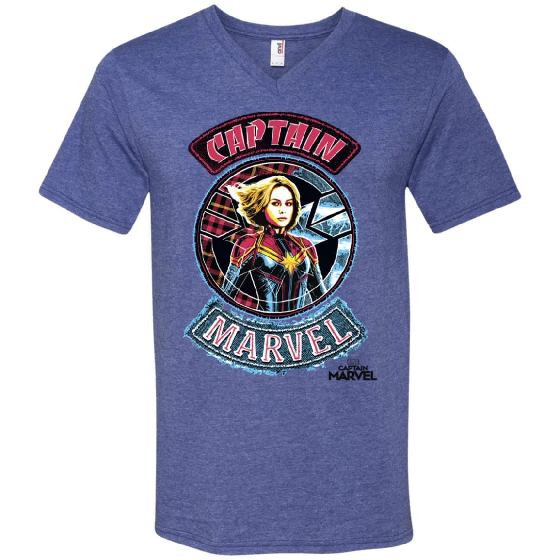 Captain Marvel Stitched Patched Portrait Men V-Neck T-Shirt