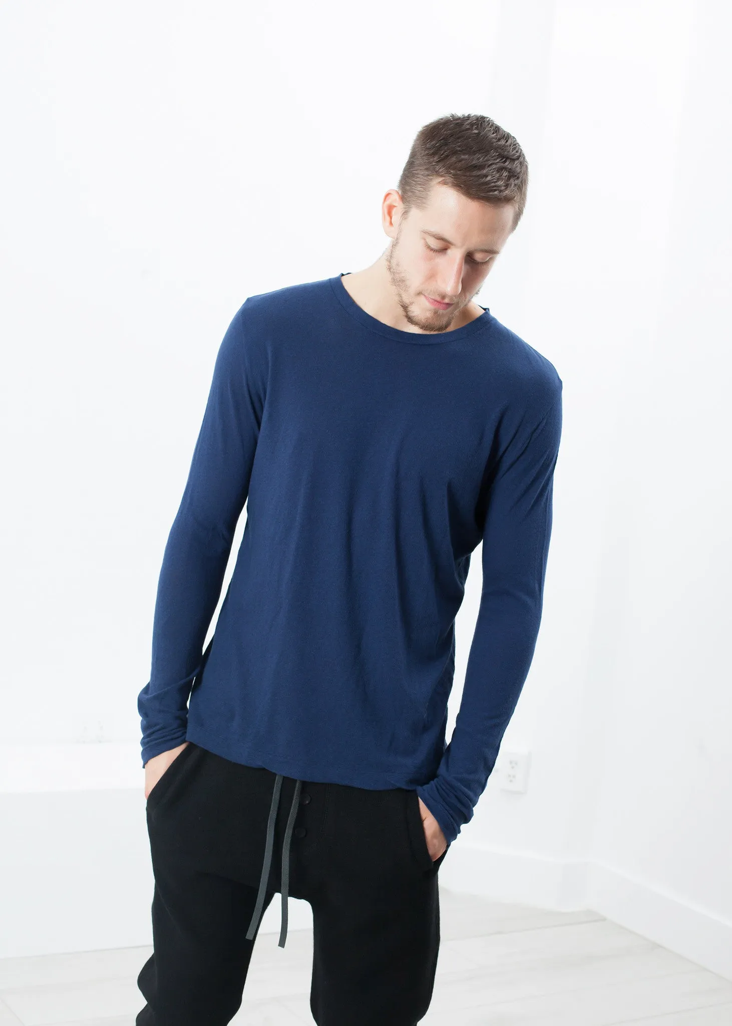 Cashmere Jersey Long Sleeve Tee in Navy