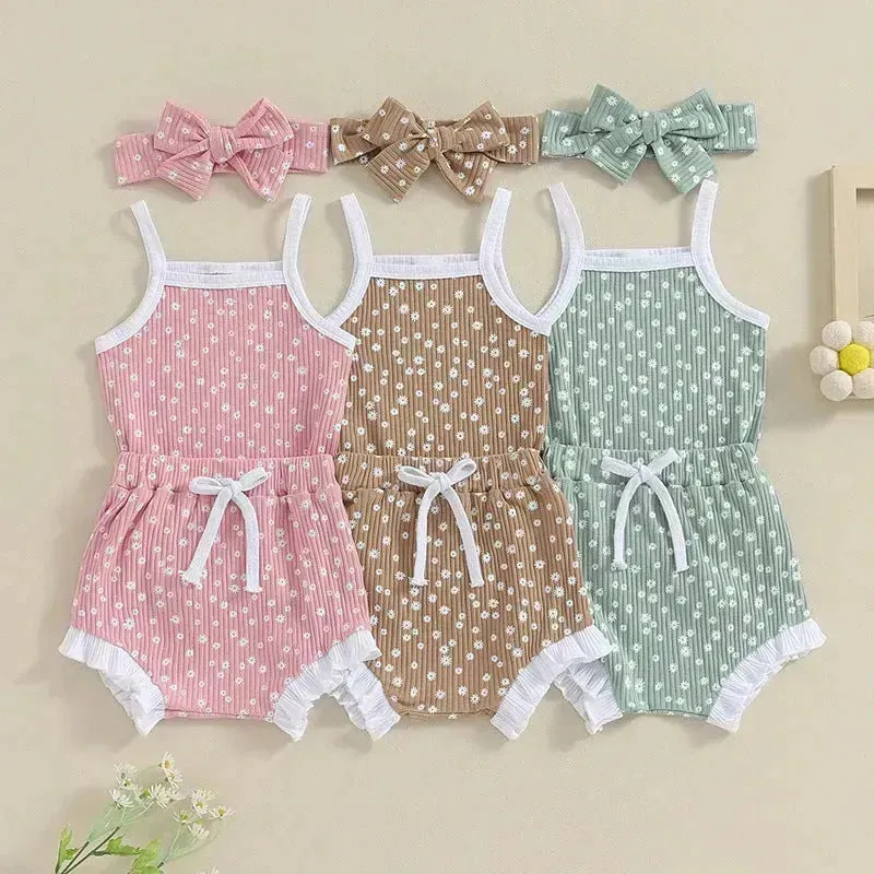 Casual Newborn Baby girl Romper suit with head bowtie headband Two piece for newborn baby girl