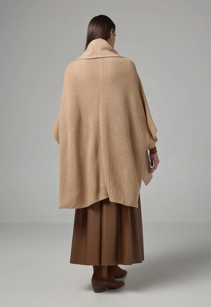 Choice Winter Wool Poncho With Non Detachable Scarf Beige