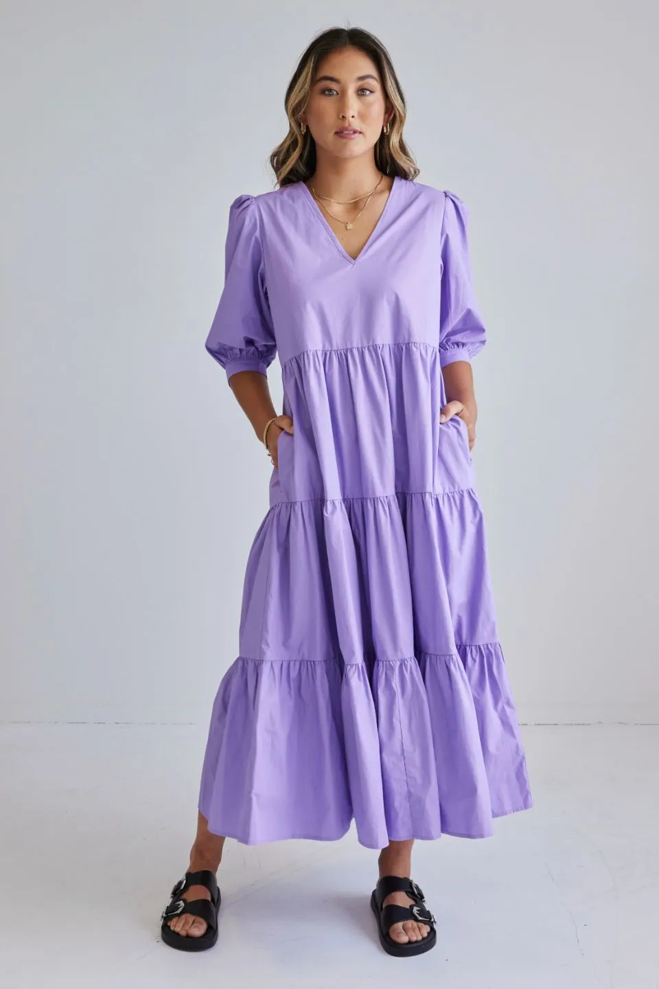 Clarity Lilac Puff Sleeve Tiered Maxi Dress