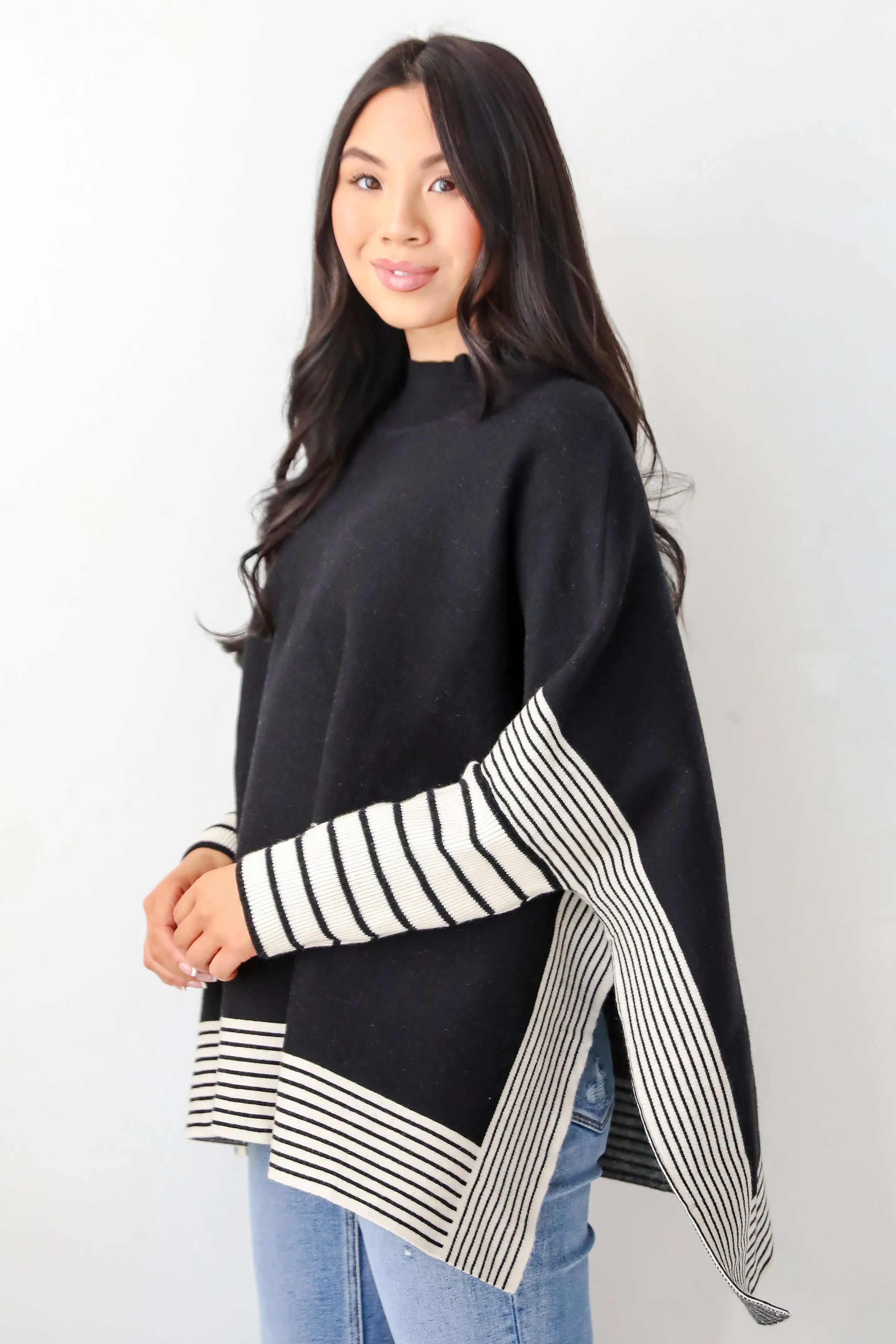 Cultivated Essential Black Striped Sweater Poncho