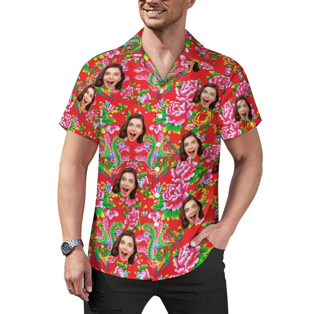 Custom Face Big Flowers Cuban Collar Shirt Hawaiian Shirt for Husband or Boyfriend