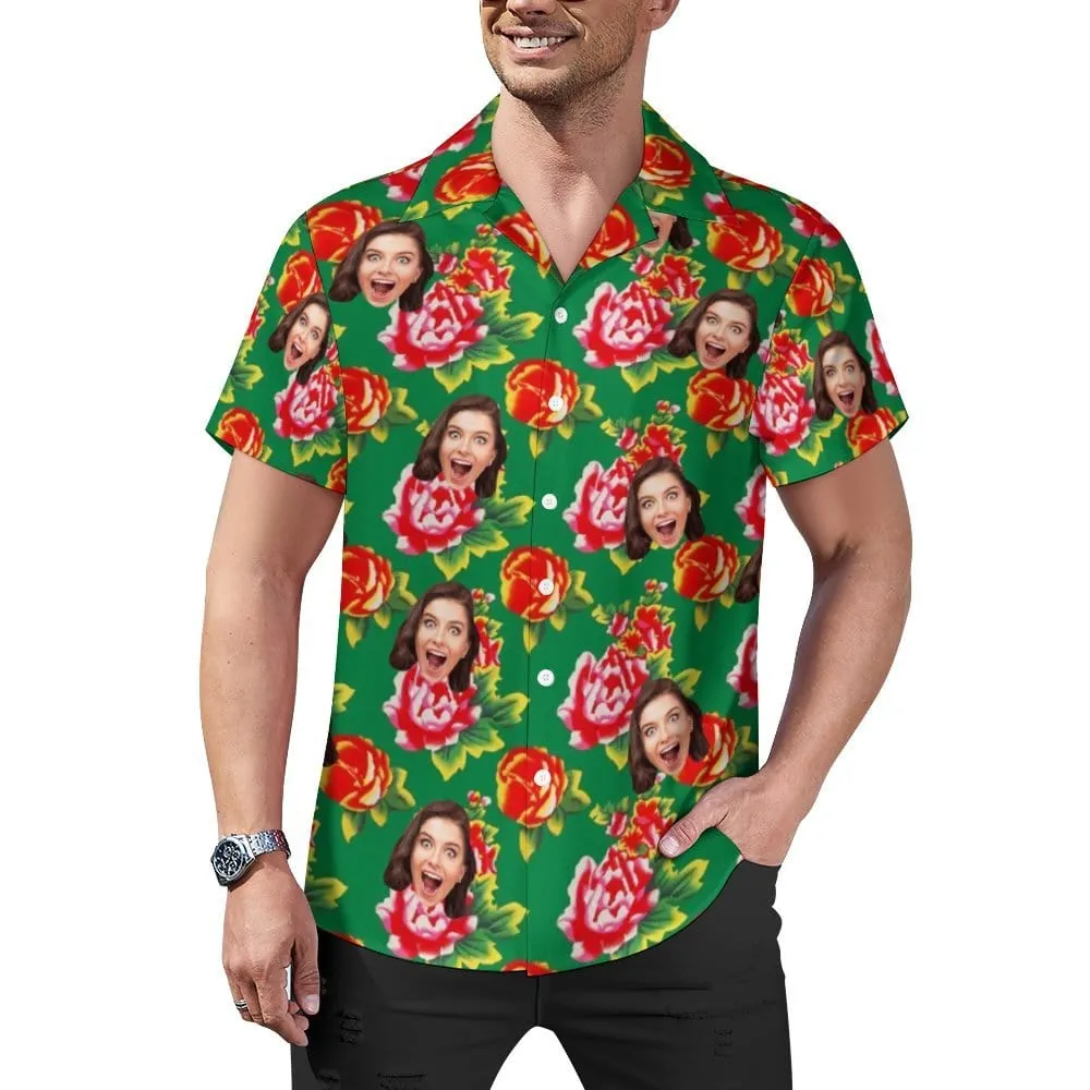 Custom Face Big Flowers Cuban Collar Shirt Hawaiian Shirt for Husband or Boyfriend