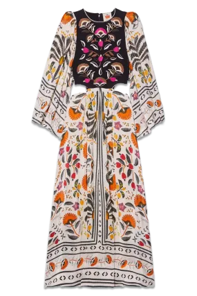 Cutout Embroidered Printed Crepe de Chine Maxi Dress