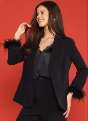 DETACHABLE FEATHER CUFF BLAZER- Black