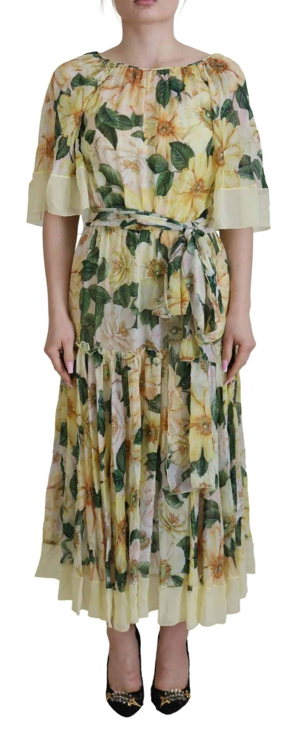 Dolce & Gabbana Yellow Floral Print Pleated Maxi Silk Dress