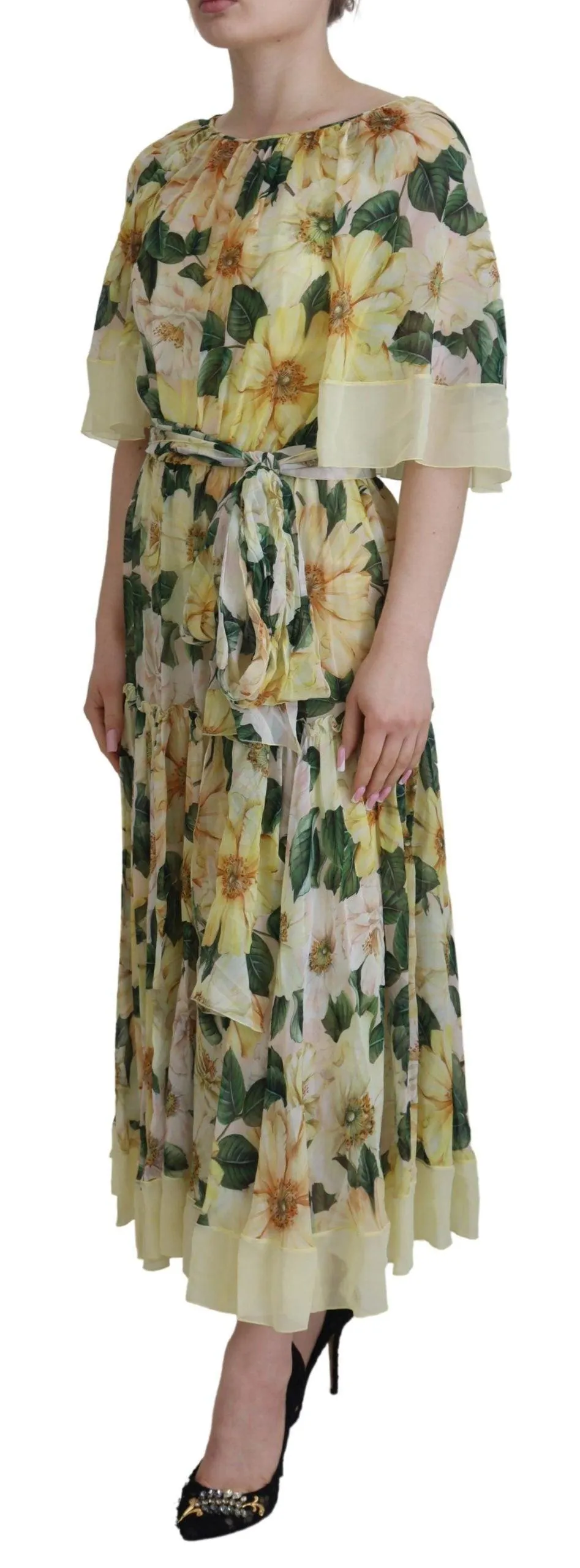 Dolce & Gabbana Yellow Floral Print Pleated Maxi Silk Dress