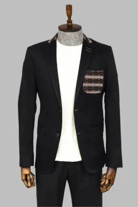 Double Buttons Knit Collar Mono Lapel Black Jacket-Wessi