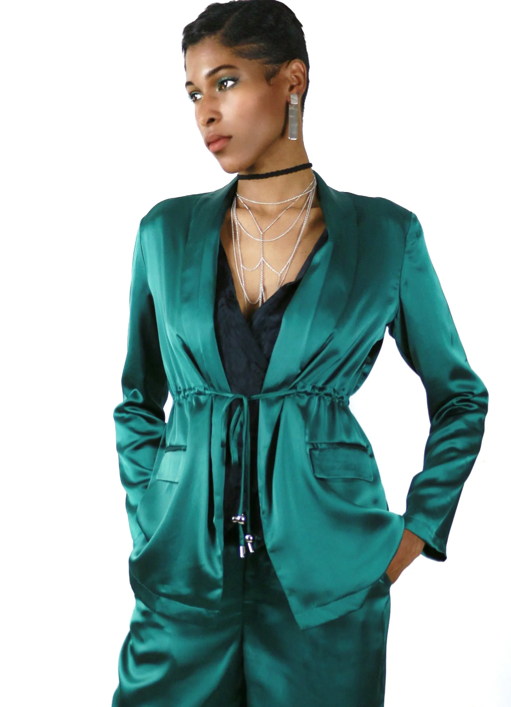 Emerald Satin Pants Set