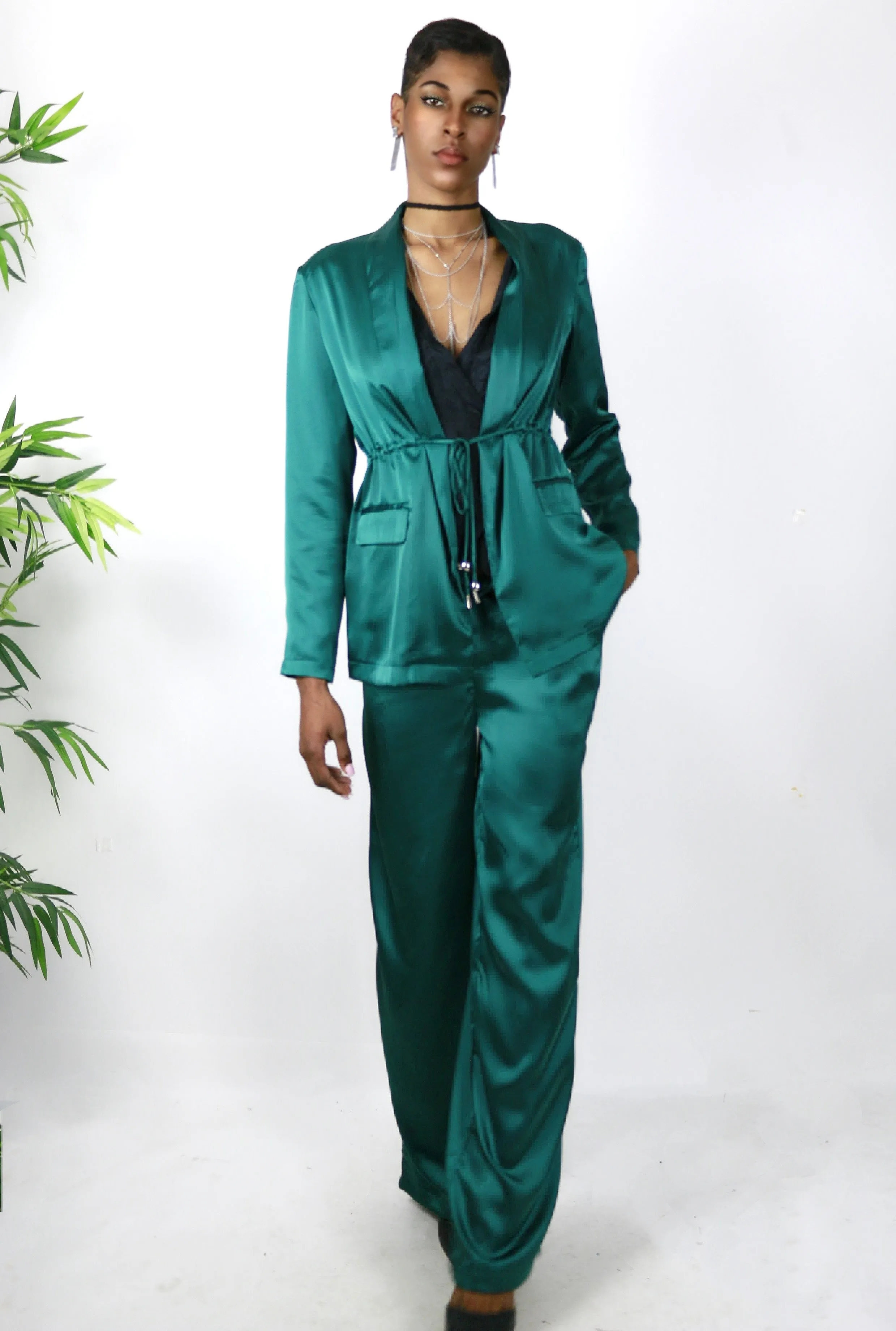 Emerald Satin Pants Set