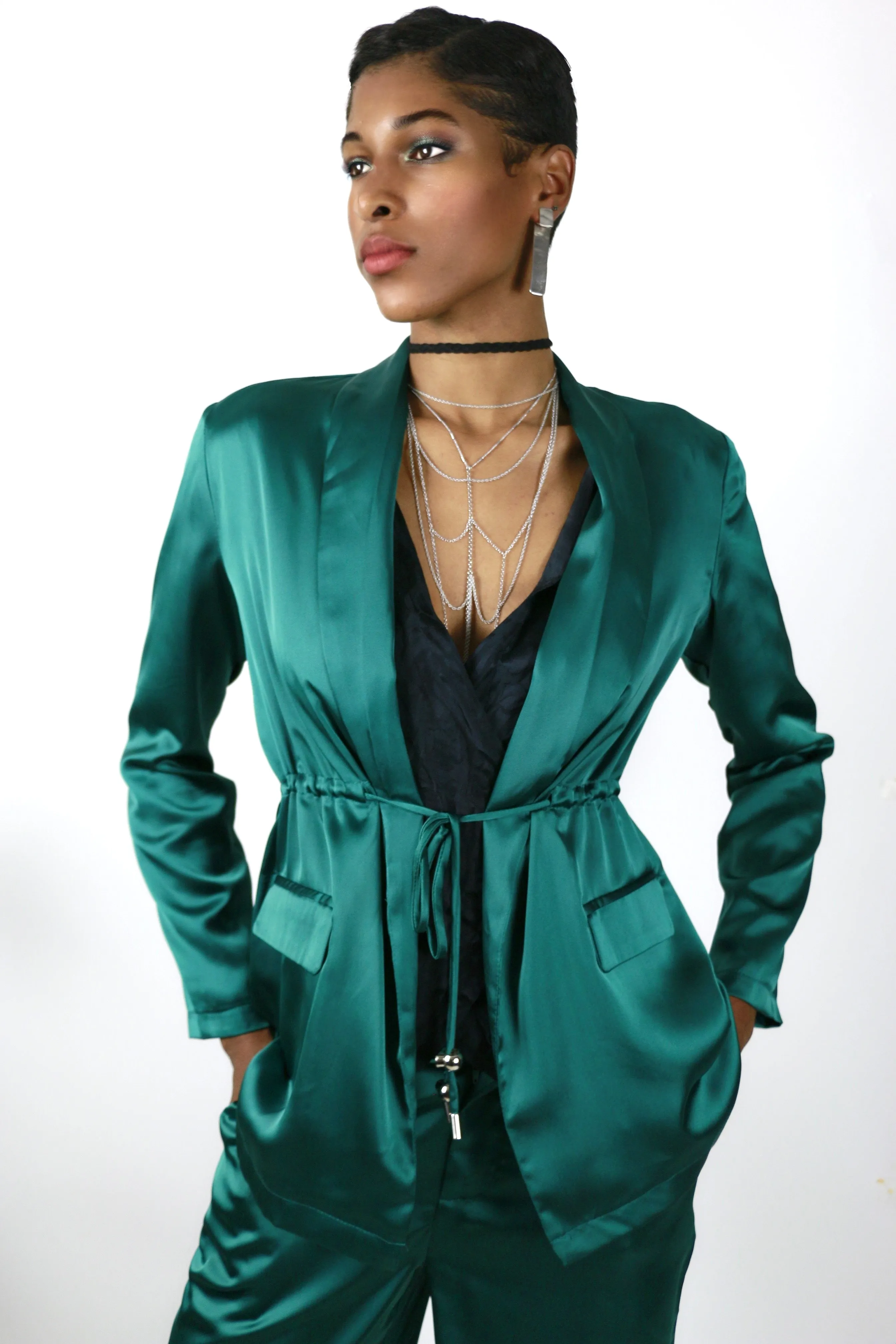 Emerald Satin Pants Set