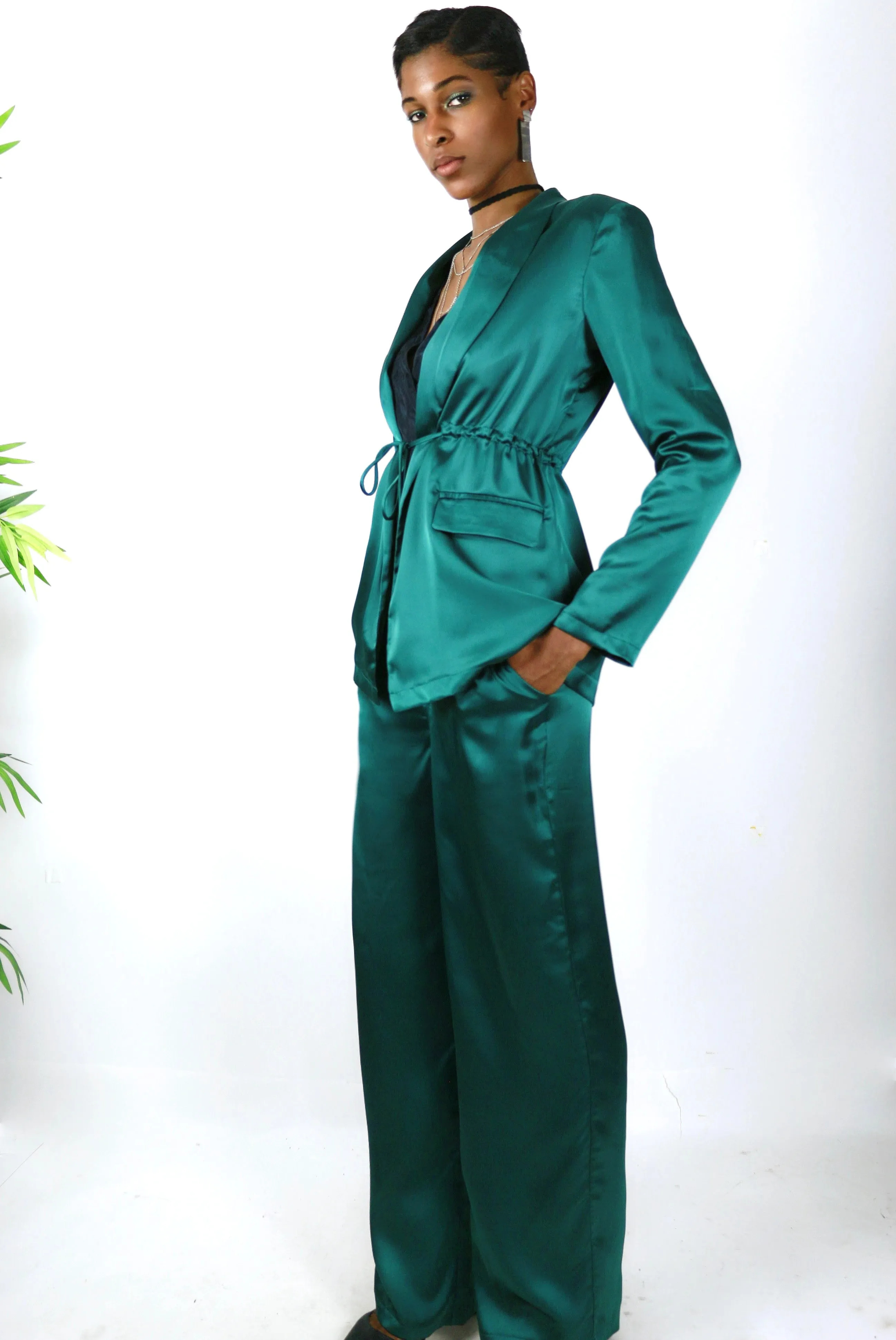 Emerald Satin Pants Set