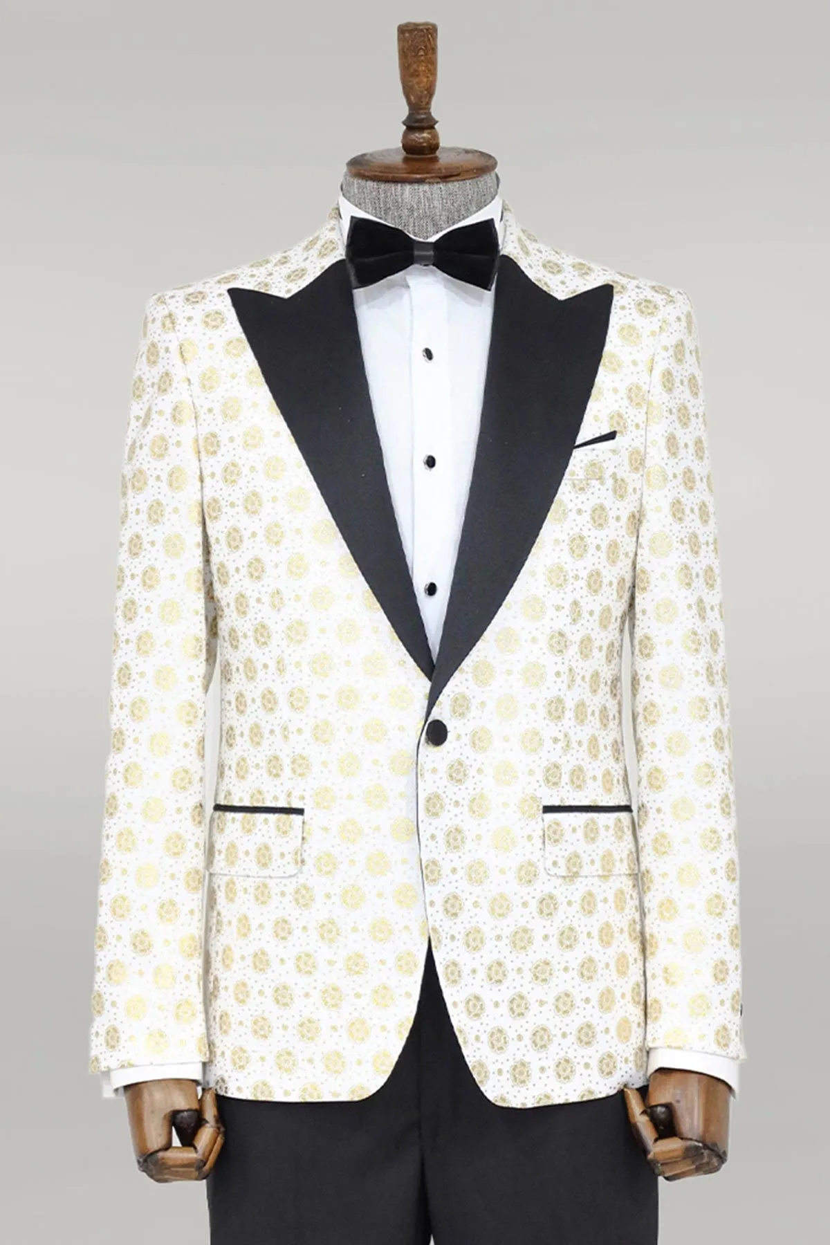 Floral Patterned Peak Lapel White Men Wedding Tuxedo Blazer - Wessi