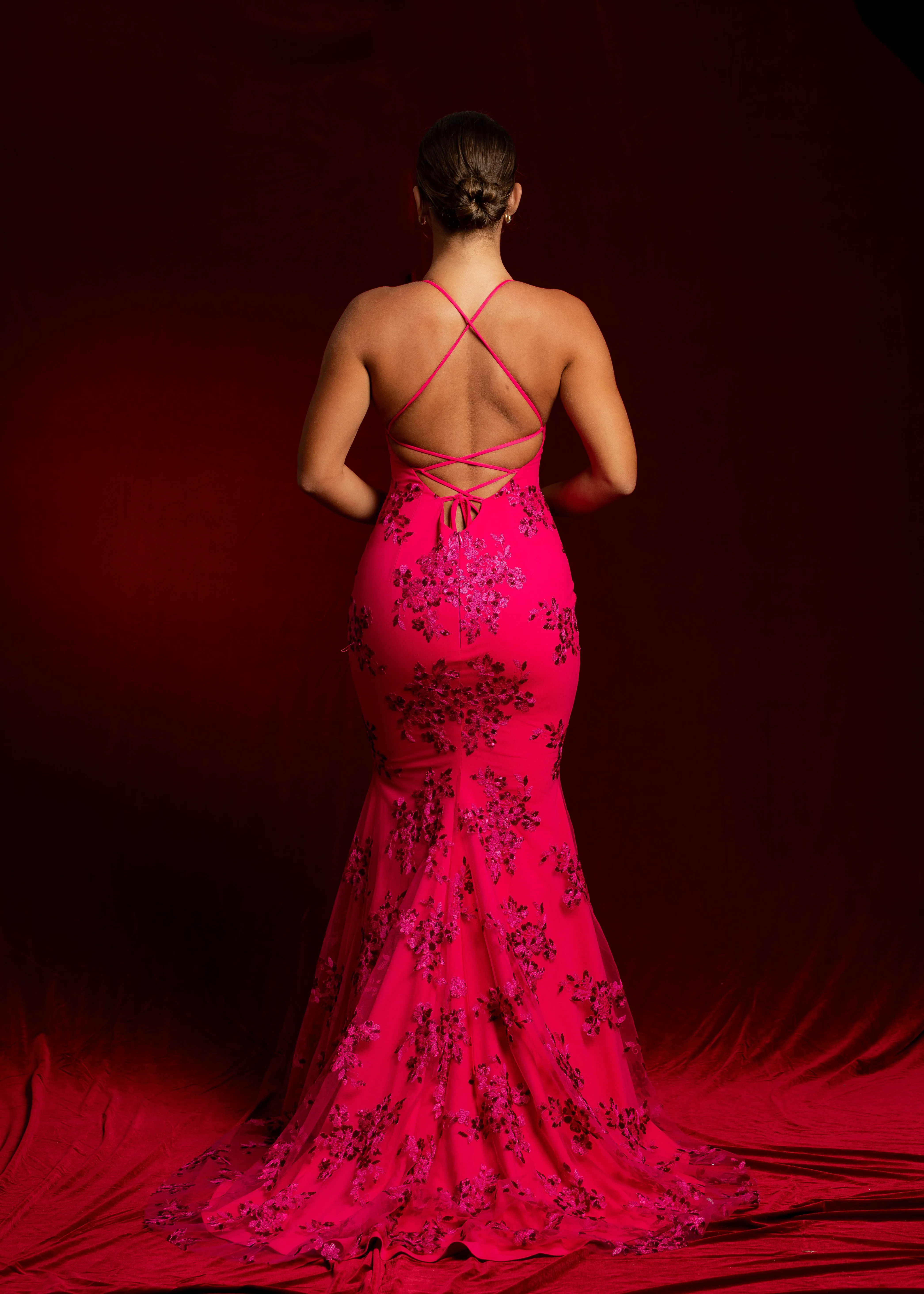 Fuschia Sparkling lace criss-cross back mermaid dress