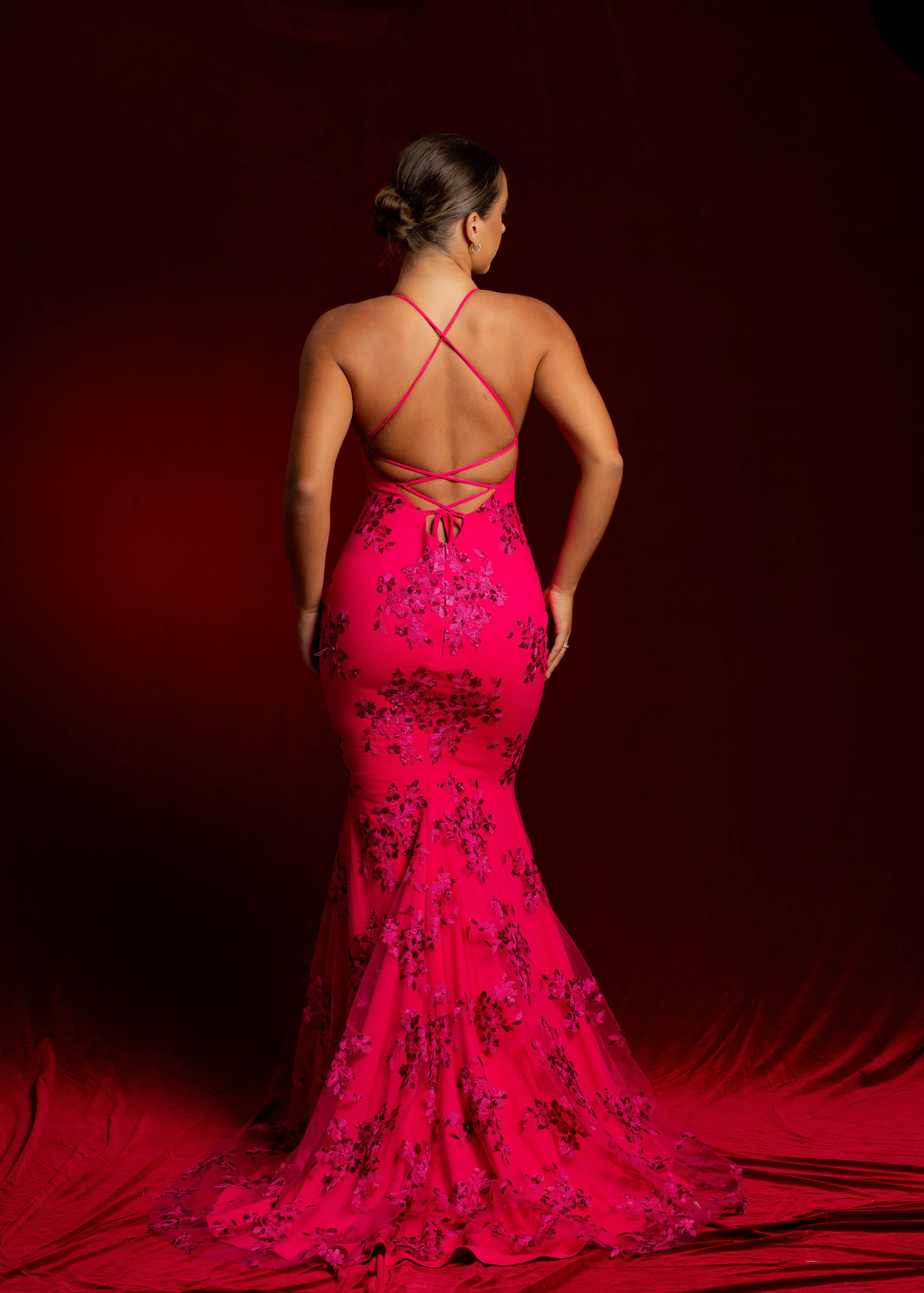 Fuschia Sparkling lace criss-cross back mermaid dress