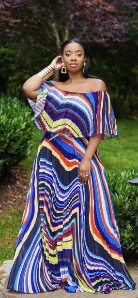 Geo Printed Off Shoulder Pleated Maxi Dress (1X-3X)