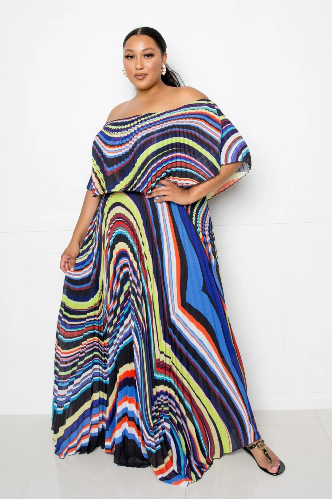 Geo Printed Off Shoulder Pleated Maxi Dress (1X-3X)