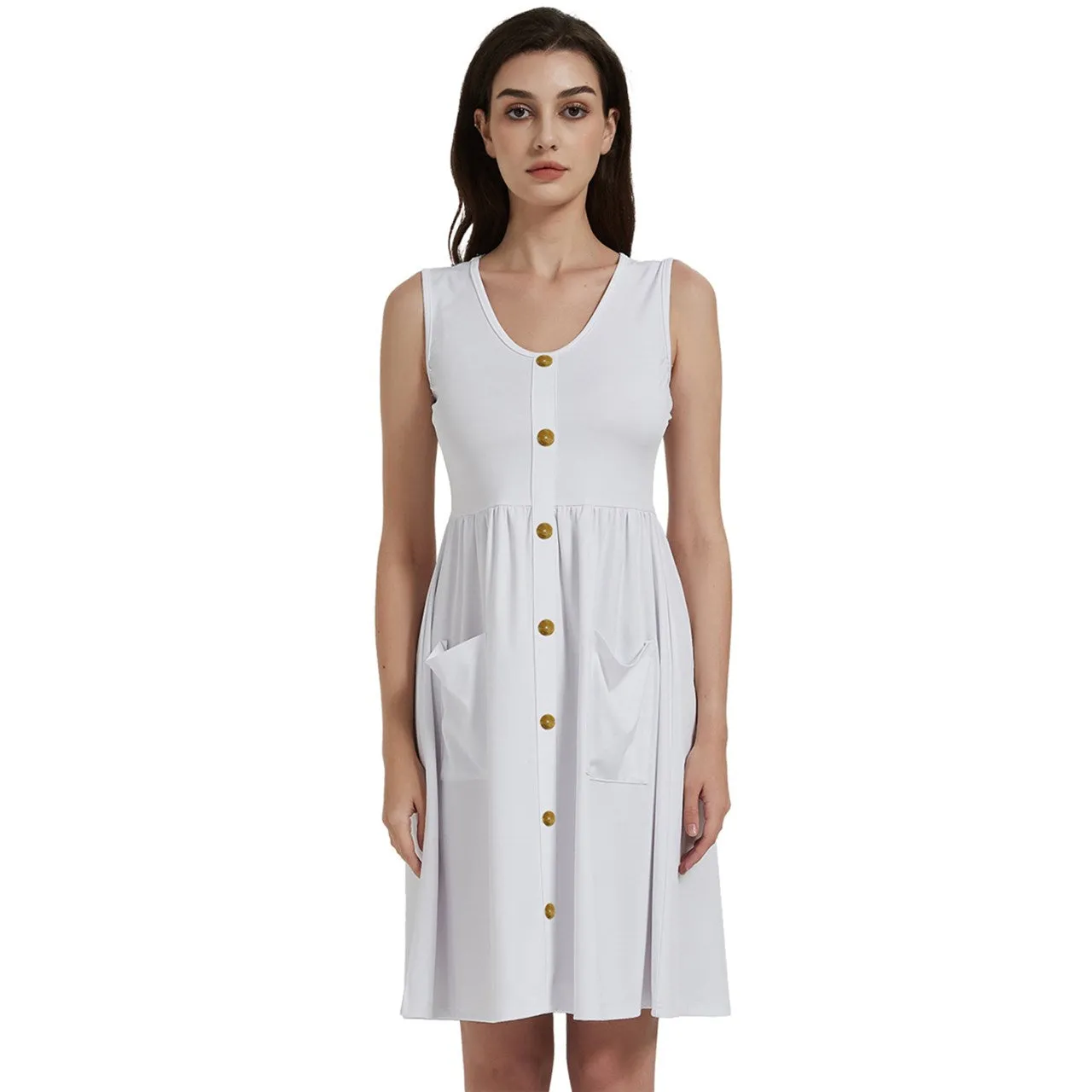 Gold buttons Sleeveless Dress With Pocket - White