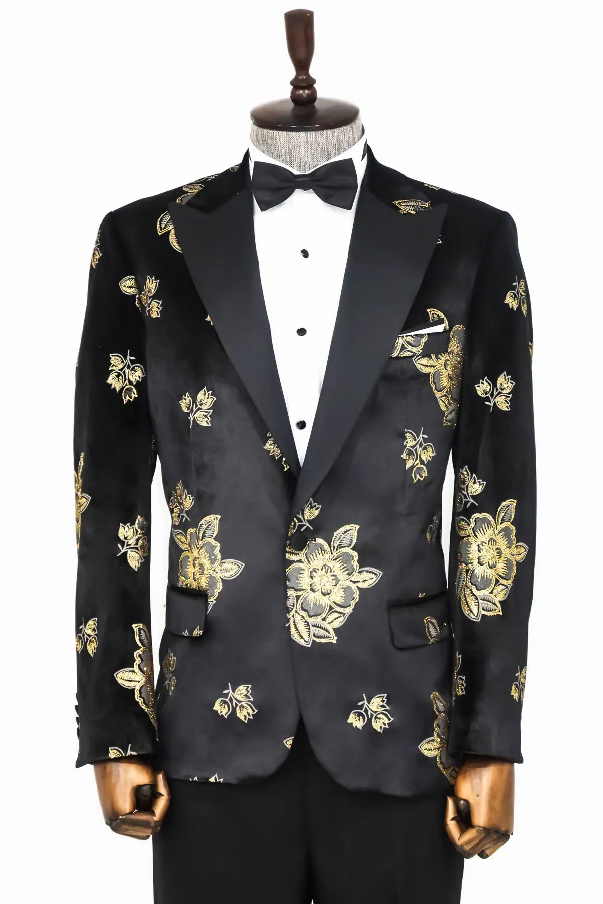 Gold Floral Patterned Shiny Black Men Party Tuxedo  Blazer - Wessi