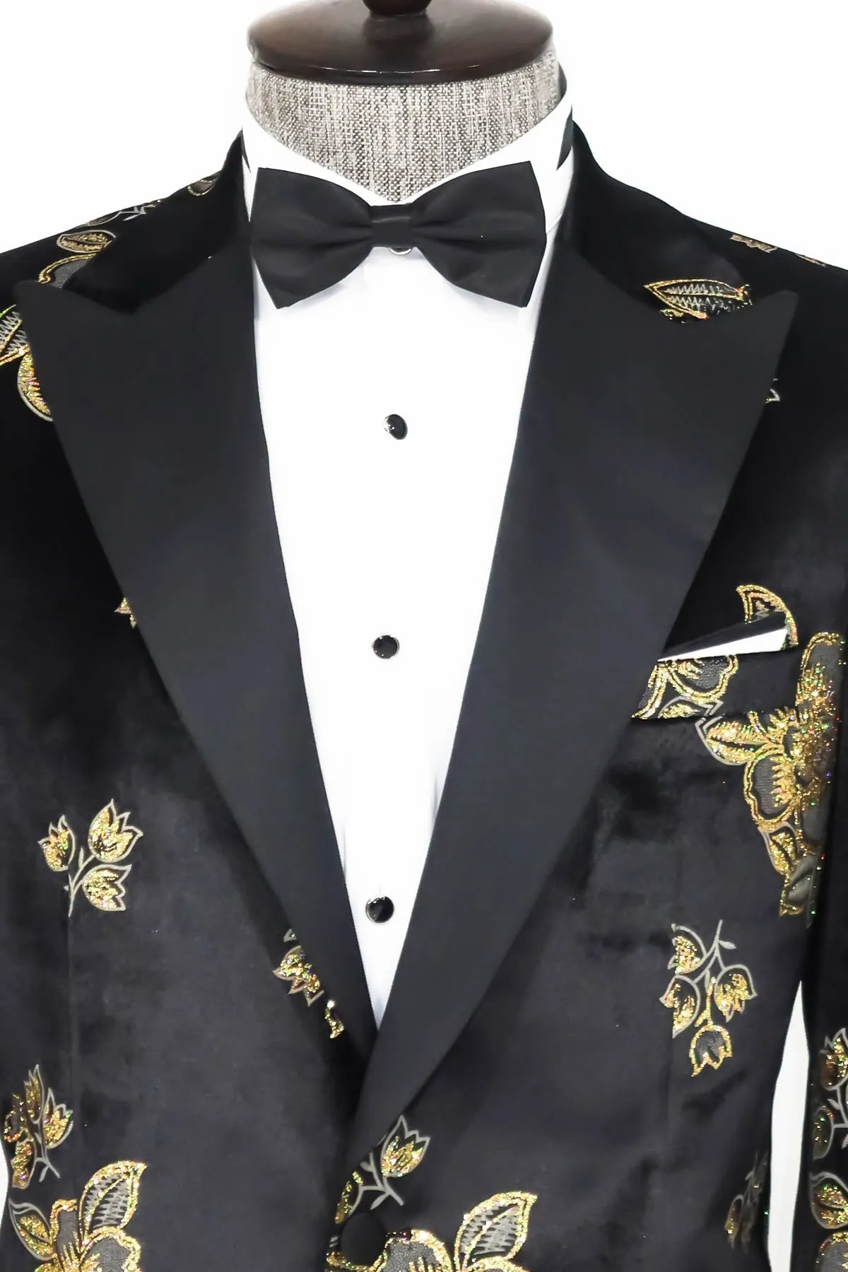 Gold Floral Patterned Shiny Black Men Party Tuxedo  Blazer - Wessi