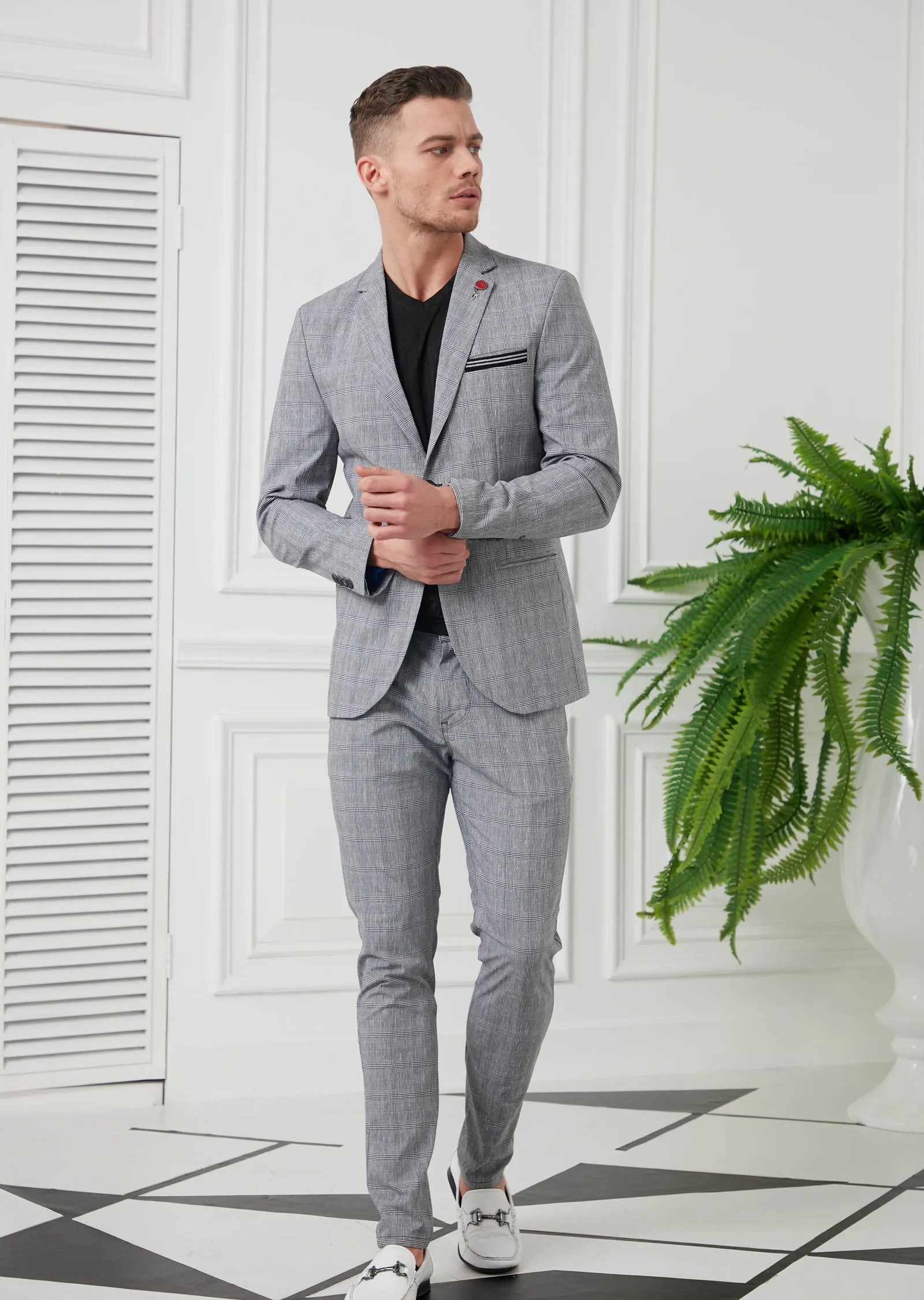 Gray Plaid Casual 2-Pieces Suit