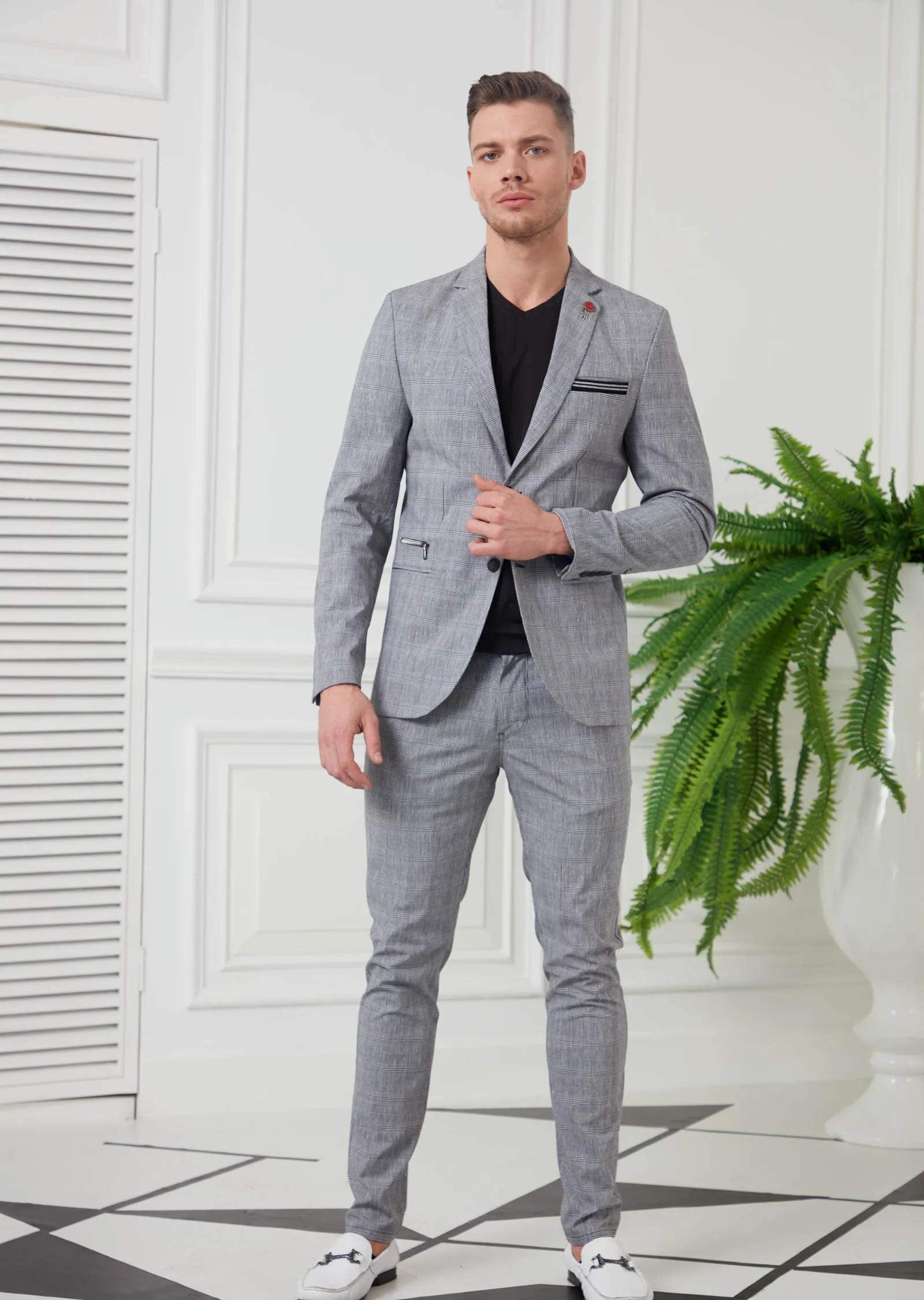 Gray Plaid Casual 2-Pieces Suit