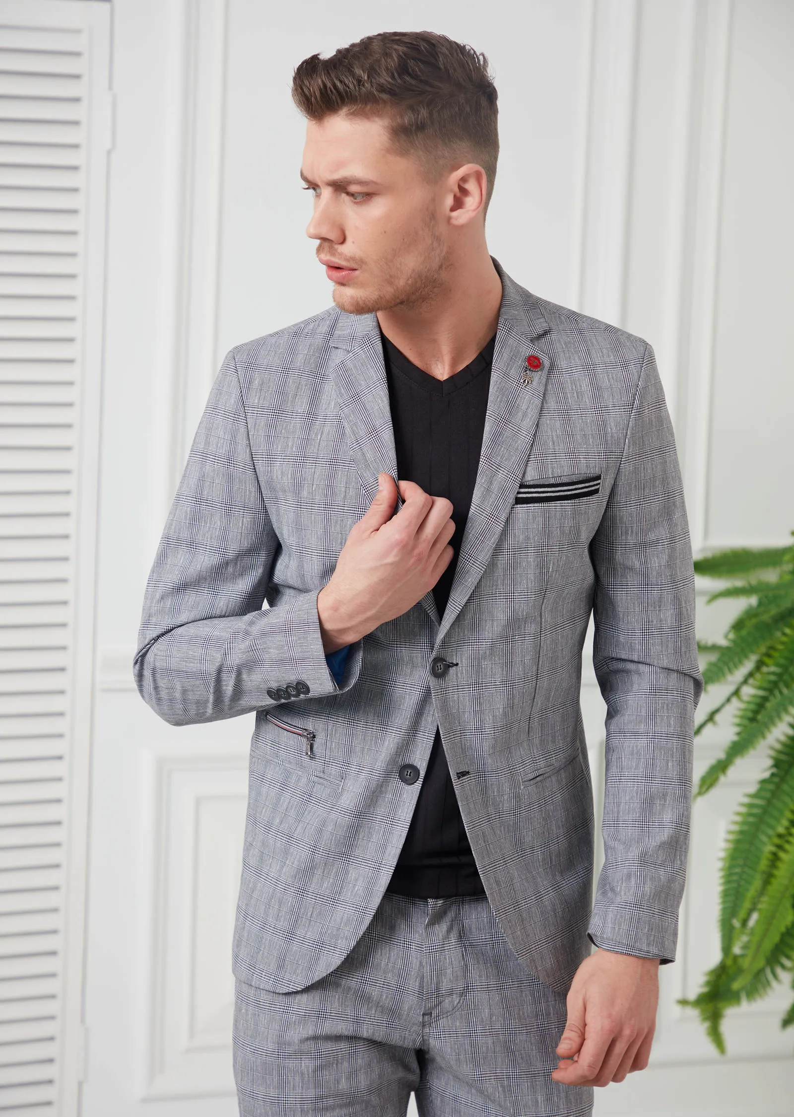 Gray Plaid Casual 2-Pieces Suit