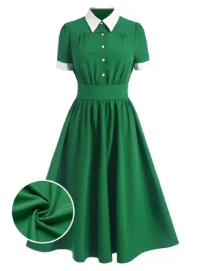 Green 1940s Contrast Shirt Collar Dress