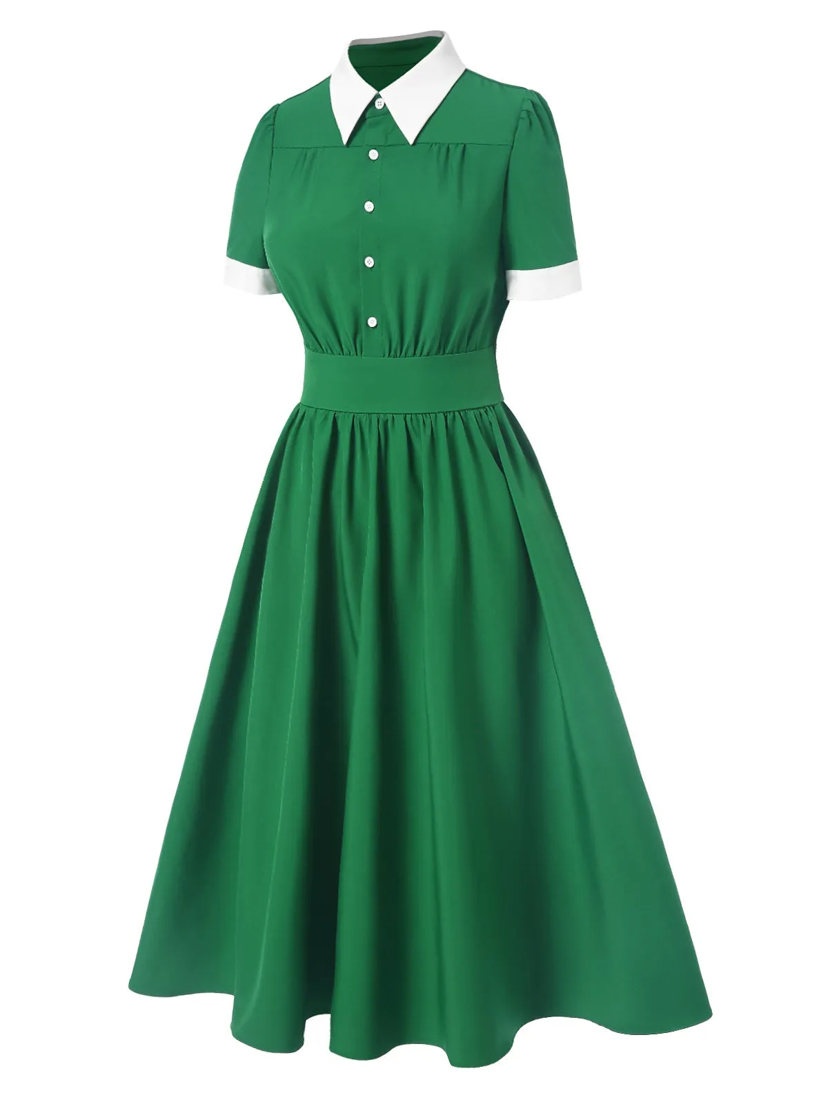 Green 1940s Contrast Shirt Collar Dress