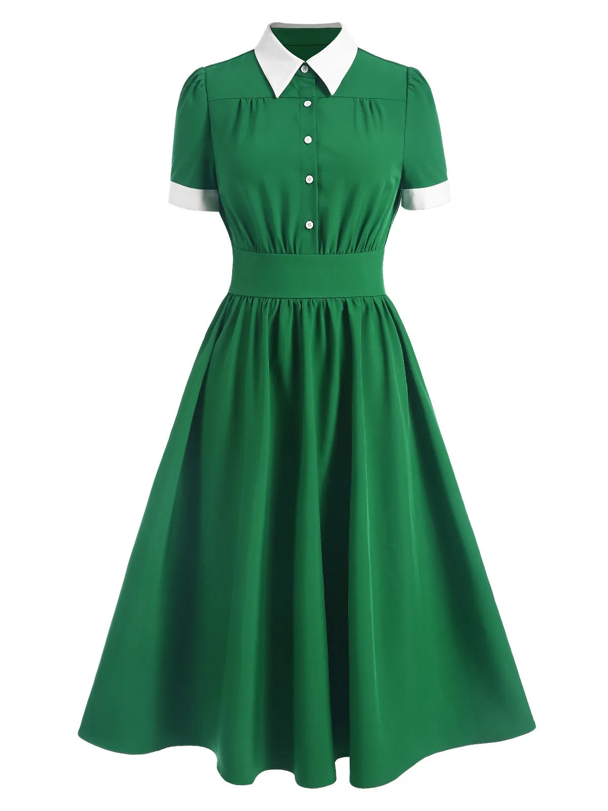 Green 1940s Contrast Shirt Collar Dress