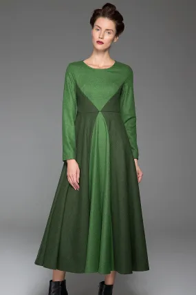 Green Wool Dress Winter Maxi Dress Dark Green Stitching Dress Long Sleeves Dress(1443)