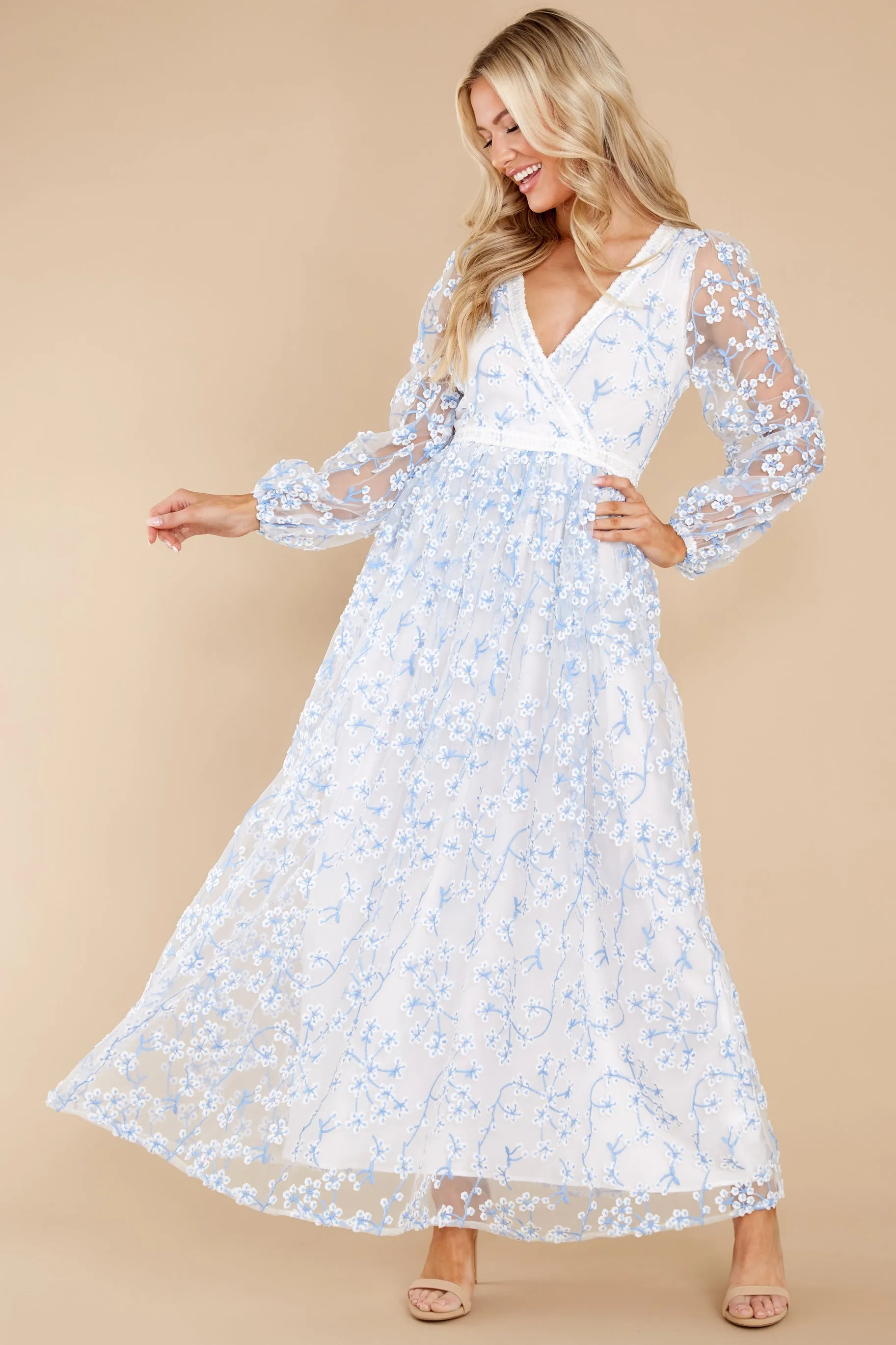 Heavenly Sights Blue And White Floral Embroidered Maxi Dress