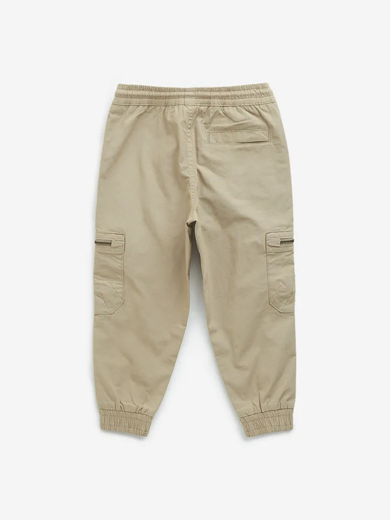 HOP Kids Beige Mid-Rise Cotton Blend Cargo Joggers