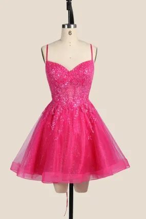 Hot Pink Appliques Tulle A-line Short Dress