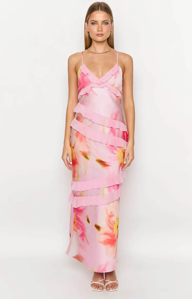 Inara Light Pink Floral Print Ruffle Maxi Dress