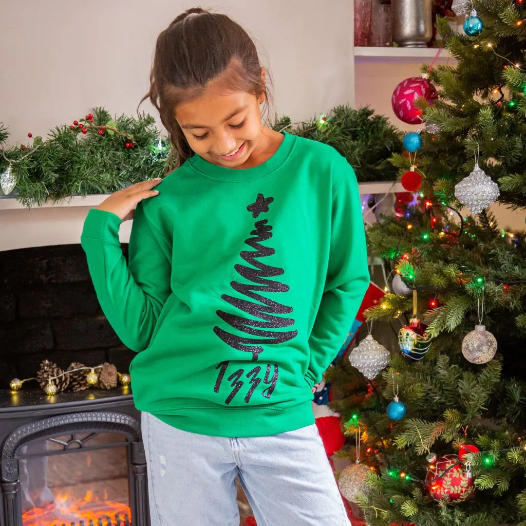 Kids Personalised Black Glitter Christmas Tree Sweatshirt