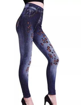 Lady Spring Autumn new imitation jeans leggings casual fake denim blue