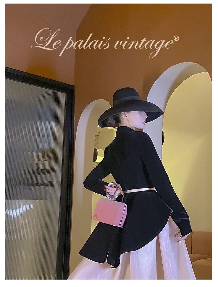 Le Palais vintage original stunning black retro velvet waist coat jacket- Glori